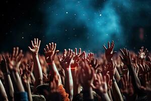 Concert crowd with hands raised at a music festival, close up. AI Generated. photo