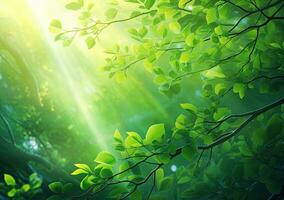 Fresh green leaves background with sunbeams and lens flare in forest. AI Generated. photo