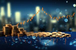 Investment concept, Coins graph stock market financial on LED background. AI Generated. photo