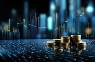 Investment concept, Coins graph stock market financial on LED background. AI Generated. photo