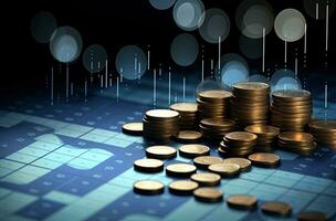Business image of coin stack with financial graph and light bokeh background. AI Generated. photo