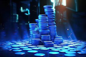 Stacks of blue casino chips in a dark room. 3D Rendering. AI Generated. photo