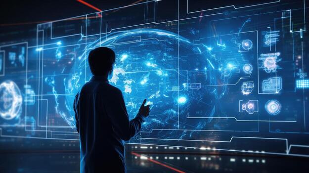 Back view of young businessman using tablet in abstract dark room with glowing globe. Future and technology concept. Double exposure. . photo