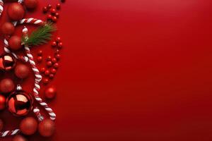 Christmas background with red balls and candy canes on a red background. AI Generated. photo