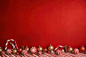 Christmas background with candy canes and christmas decorations on red background. AI Generated. photo