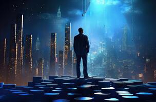 Back view of businessman looking at night city. 3D Rendering. . photo