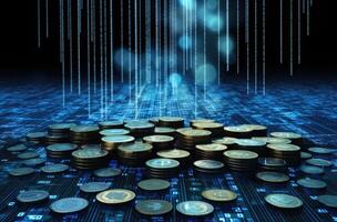 Pile of coins with binary code on dark background. 3D rendering. . photo