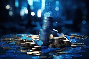 Stacks of coins with blue light bokeh background, business and finance concept. AI Generated. photo