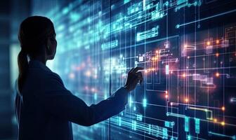 Back view of businesswoman working with virtual panel and graphs at background. . photo