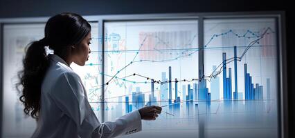 Businesswoman looking at virtual panel with graphs and diagrams. Mixed media. . photo