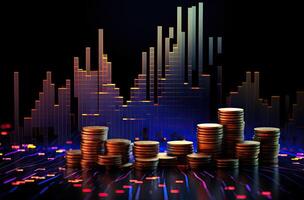 Investment concept, Coins graph stock market on black background, 3d render. AI Generated. photo