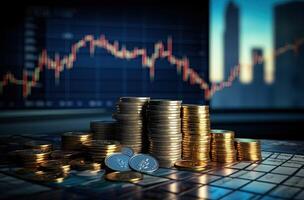 Investment concept, Coins graph stock market 3d render illustration. AI Generated. photo