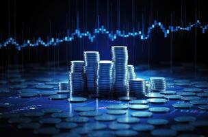 Investment concept, Coins graph stock market financial on LED background. AI Generated. photo