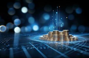 Investment concept, Coins stack on dark blue bokeh background. AI Generated. photo