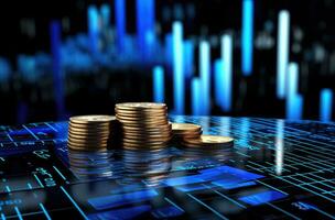 Stack of coins on stock market chart background. 3d illustration. AI Generated. photo