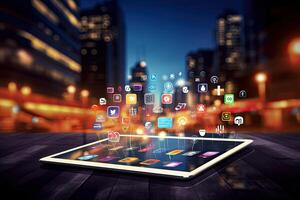Tablet pc with colorful application icons on screen and modern city at background. . photo