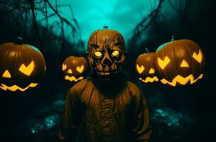 Scary man with carved halloween pumpkin head in dark forest. AI Generated. photo