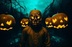 Scary man with carved halloween pumpkin head in dark forest. . photo