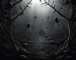 Halloween background with spiders and cobwebs in the dark forest. . photo