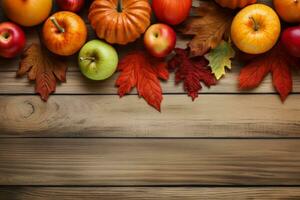 Autumn background with pumpkins, apples and leaves on wooden table. AI Generated. photo