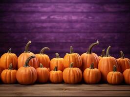 Pumpkins on a wooden table with purple wall in the background. AI Generated. photo