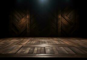 Wooden floor and wall with spotlights in a dark room. AI Generated. photo
