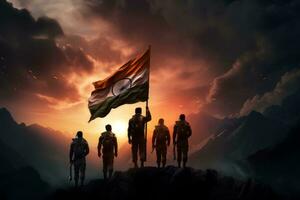Silhouette of army soldiers with flag of India in the mountains. 3D Rendering. AI Generated. photo