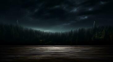 Dark forest and wooden floor. Night sky with stars. 3D rendering. AI Generated. photo