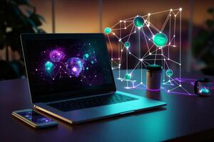 Laptop with social network hologram on table. 3d rendering. . photo
