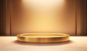 Golden podium on the floor. Realistic 3d render of podium. . photo