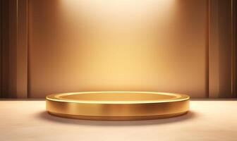 Golden podium on the floor. Realistic 3d render of podium. AI Generated. photo