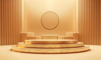 3d rendering of gold podium with round mirror in the middle. . photo