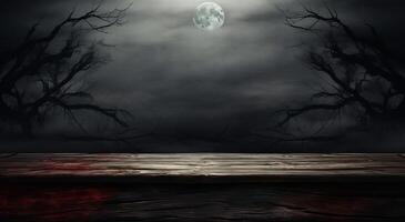 Halloween background with empty wooden table and full moon in the sky. . photo