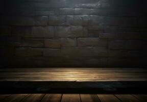 Empty wooden table and brick wall background. Ready for product display montage. AI Generated. photo