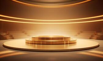 3d rendering of golden podium with lighting in the dark room. . photo