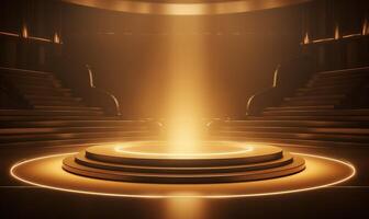 3d rendering of golden podium with lights, illuminated by spotlights. . photo