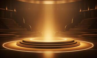 3d rendering of golden podium with lights, illuminated by spotlights. AI Generated. photo