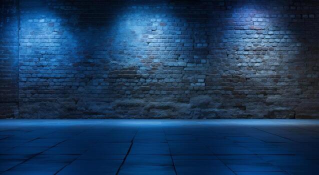 3d rendering of empty room with brick wall and blue spotlights. . photo