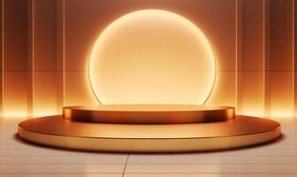 Golden round podium for product presentation. Abstract 3d render background. AI Generated. photo