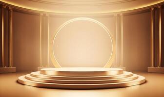 Golden round podium in the room, 3d rendering. Computer digital drawing. . photo