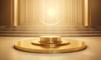 Golden podium with round pedestal on the floor. 3D rendering. AI Generated. photo