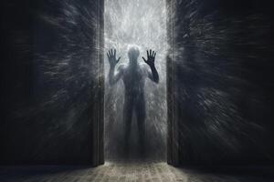 Zombie man coming out of the door. 3D rendering. . photo
