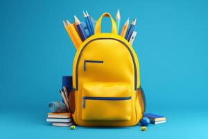 School backpack with stationery on a blue background. 3d rendering. AI Generated. photo