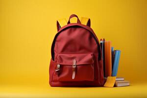 Red backpack with school supplies on yellow background. Back to school concept. . photo