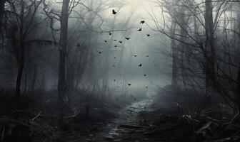 Mysterious dark forest with birds flying in fog, Halloween concept. AI Generated. photo