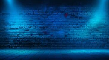 Blue brick wall and floor with spotlights. 3D illustration. . photo