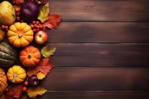 Autumn composition with pumpkins, apples and berries on wooden background. AI Generated. photo