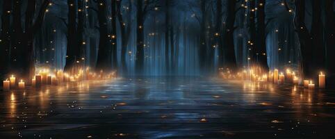 Dark forest with glowing candles. Halloween concept. 3D Rendering. AI Generated. photo