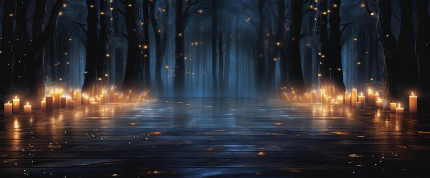 Dark forest with glowing candles. Halloween concept. 3D Rendering. . photo