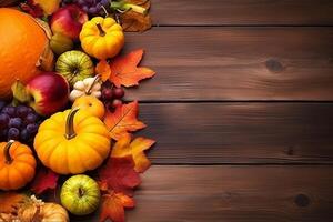 Autumn background with pumpkins, apples, grapes and leaves on wooden table. AI Generated. photo